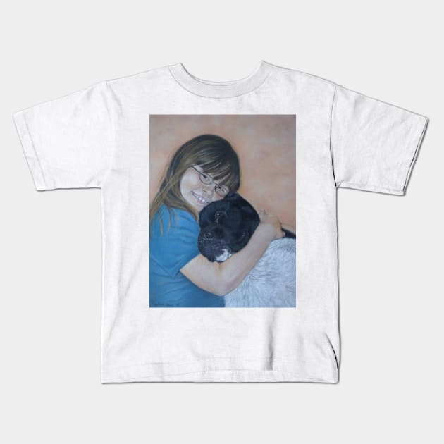 Cute black and white akita cuddling best friend Kids T-Shirt by pollywolly